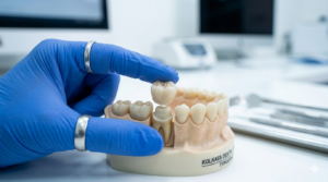 A professional dental crown being placed on a model tooth to show restoration.