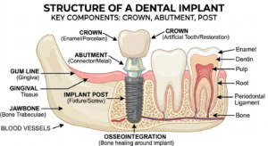 Diagram showing the structure of a dental implant including the post, abutment, and crown.