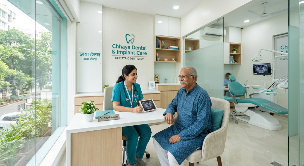 An elderly patient smiling warmly during a consultation with a compassionate geriatric dentist in Dhakuria at Chhaya Dental & Implant Care.