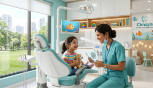 A friendly pediatric dentist in Dhakuria performing a gentle check-up on a smiling child at Chhaya Dental & Implant Care.